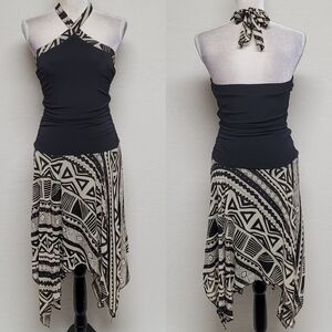 90s Vintage BCX Black Ruched Crossed Halter Aztec Sequin Asymmetric Midi Dress L